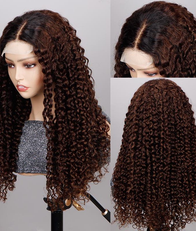 4x4 Lace Closure Wigs Long Ombre Brown Curly Human Hair Wig with Dark Roots 180 Density