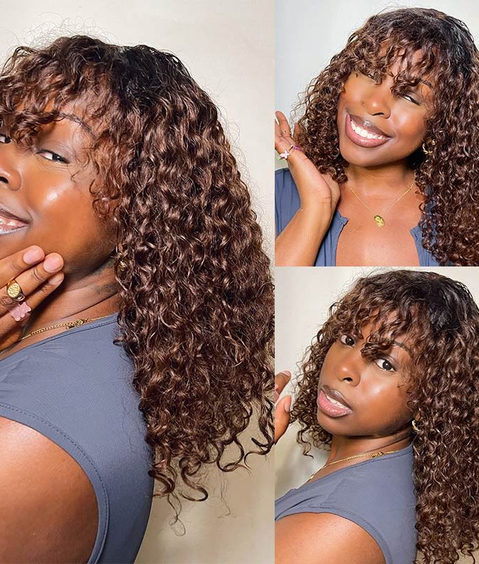 Ombre Curly Bob Wig With Bangs 4x4 HD Lace Wig Brown Hair With Black Roots 180 Density