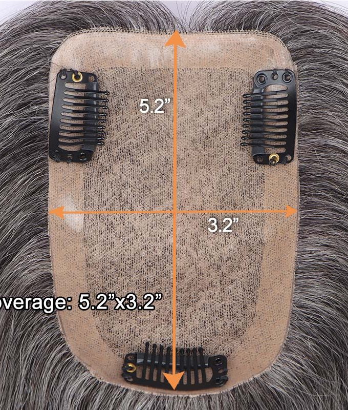 Real Scalp Silver Grey Human Hair Piece For Older Women Salt And Pepper 5"x3" Silk Base Hair Topper for Thinning Hair
