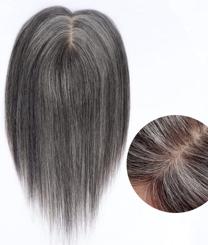 Real Scalp Silver Grey Human Hair Piece For Older Women  Salt And Pepper 5"x3" Silk Base Hair Topper for Thinning Hair