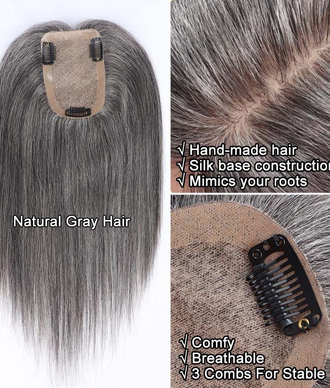 Real Scalp Silver Grey Human Hair Piece For Older Women Salt And Pepper 5"x3" Silk Base Hair Topper for Thinning Hair