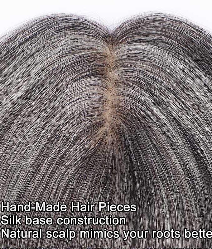 Real Scalp Silver Grey Human Hair Piece For Older Women Salt And Pepper 5"x3" Silk Base Hair Topper for Thinning Hair