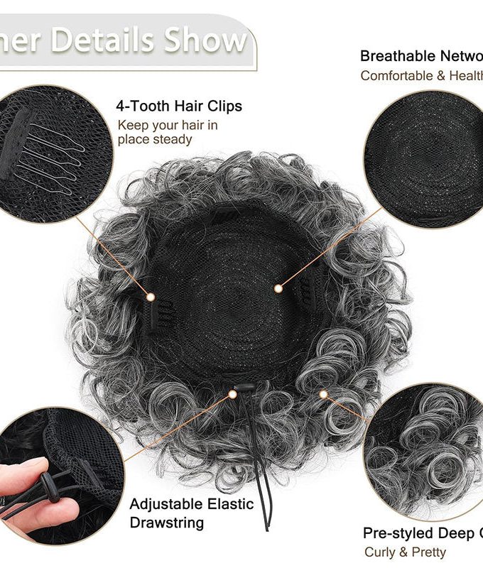Salt And Pepper Curly Messy Buns Drawstring Ponytail Puff Clips in Human Hair Extension