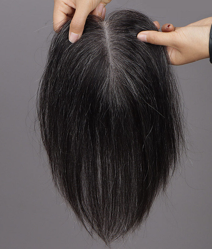 Dark Salt And Pepper Hair Toppers For Women 5"x3" Mono Base Human Hair Topper For Thinning Hair