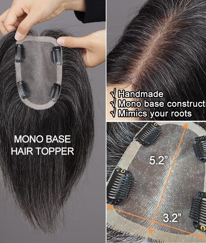 Dark Salt And Pepper Hair Toppers For Women 5"x3" Mono Base Human Hair Topper For Thinning Hair