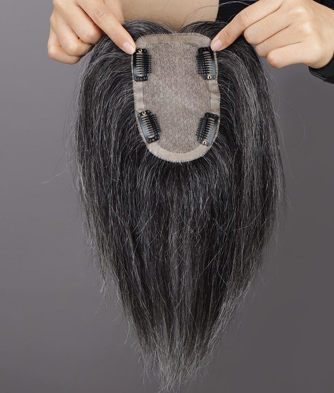 Dark Salt And Pepper Color Human Hair Toppers For Women 5"x3" Silk Base Natural Scalp Hair Topper for Thinning Hair