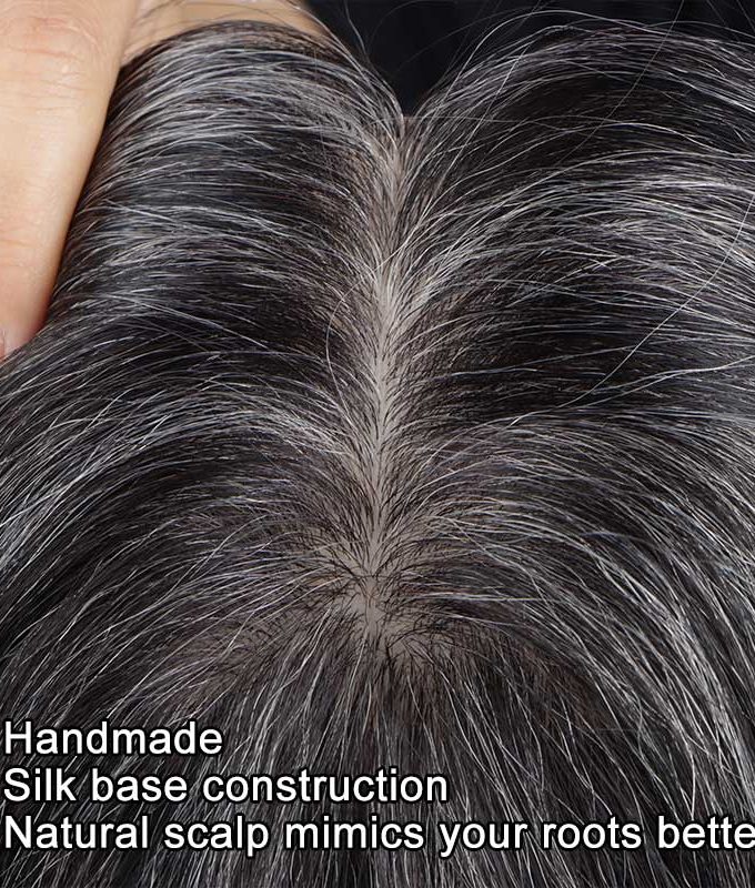 Dark Salt And Pepper Color Human Hair Toppers For Women 5"x3" Silk Base Natural Scalp Hair Topper for Thinning Hair