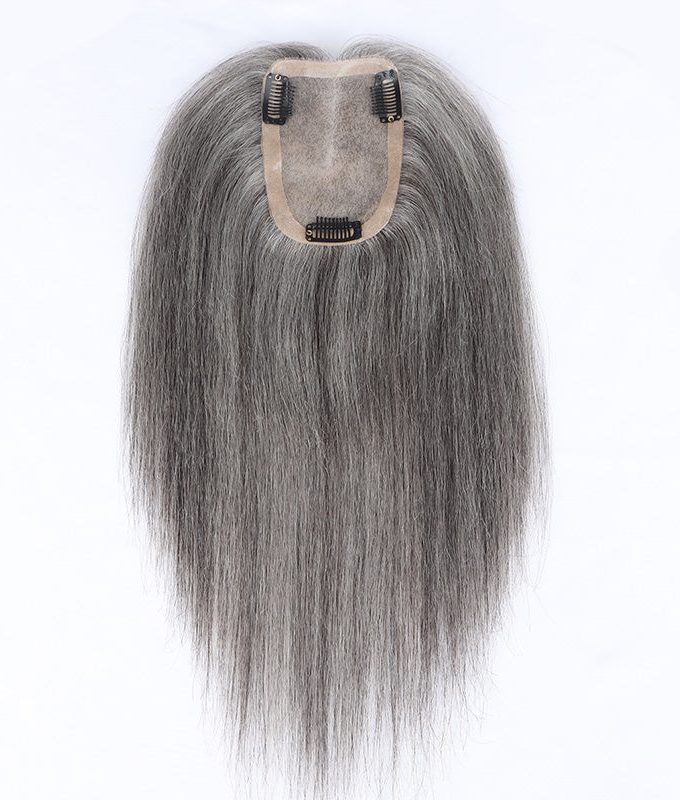 Standard Salt And Pepper Human Hair Toppers For Women 5"x3" Mono Base Silver Gray Hairpieces For Thinning Hair