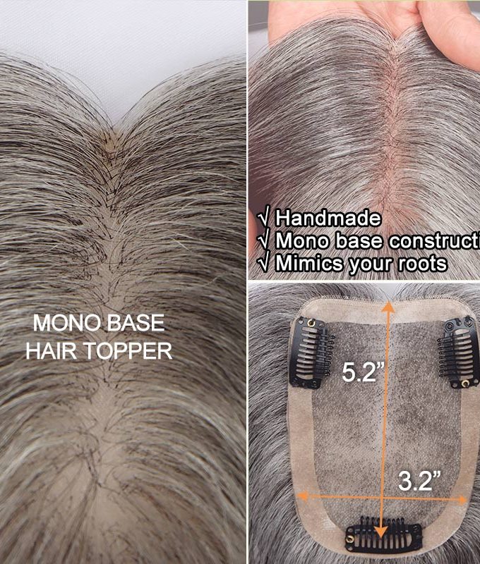 Standard Salt And Pepper Human Hair Toppers For Women 5"x3" Mono Base Silver Gray Hairpieces For Thinning Hair