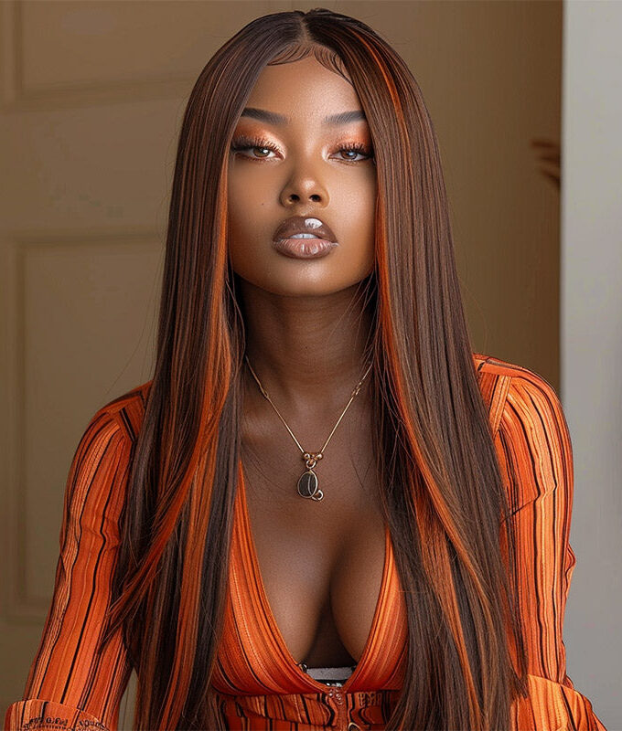 Red Copper Peekaboo Balayage Highlight Brown Wig Long Silky Straight Hair Glueless 6x4 Pre Cut Pre Bleached Lace Wig