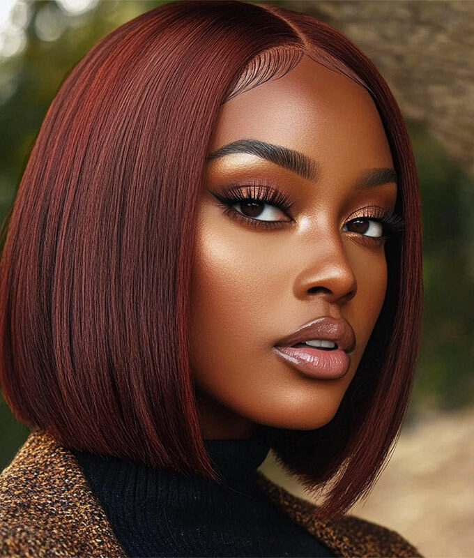 Reddish Brown Silky Straight Bob 5x5 HD Lace Closure Wigs Mid Part Lob Wig Human Hair
