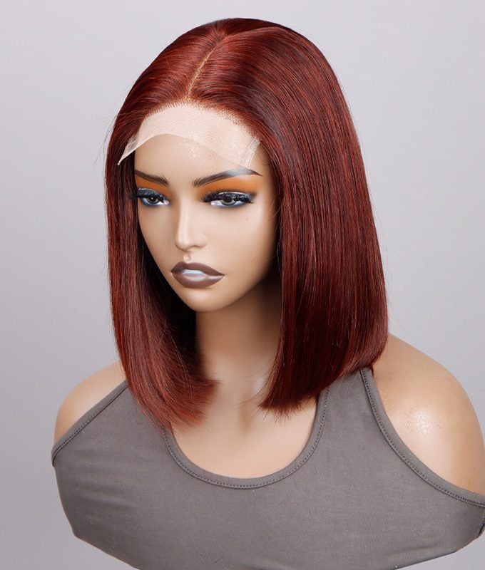 Reddish Brown Silky Straight Bob 5x5 HD Lace Closure Wigs Mid Part Lob Wig Human Hair