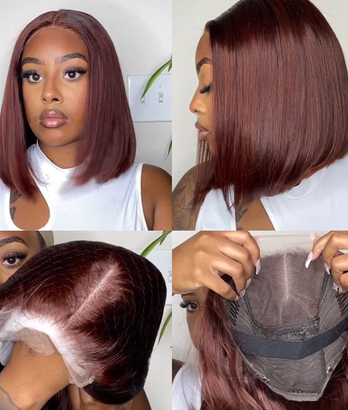 Reddish Brown Silky Straight Bob 5x5 HD Lace Closure Wigs Mid Part Lob Wig Human Hair