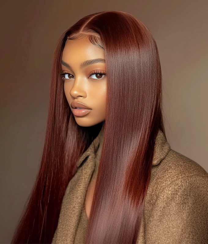 Reddish Brown Ultra Silky Straight 13x6 HD Lace Closure Wigs Mid Part Long Wig