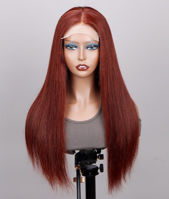 Reddish Brown Ultra Silky Straight 5x5 HD Lace Closure Human Hair Wigs Mid Part Long Wig