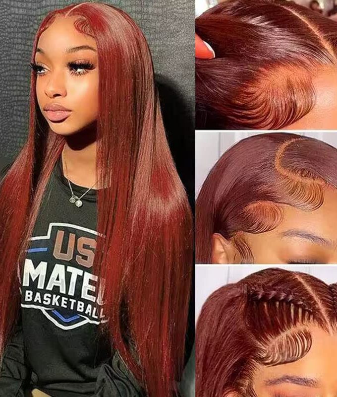 Reddish Brown Ultra Silky Straight 13x6 HD Lace Closure Wigs Mid Part Long Wig