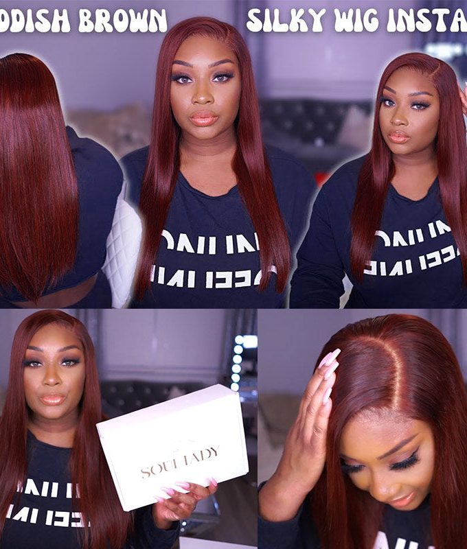 Reddish Brown Ultra Silky Straight 5x5 HD Lace Closure Human Hair Wigs Mid Part Long Wig