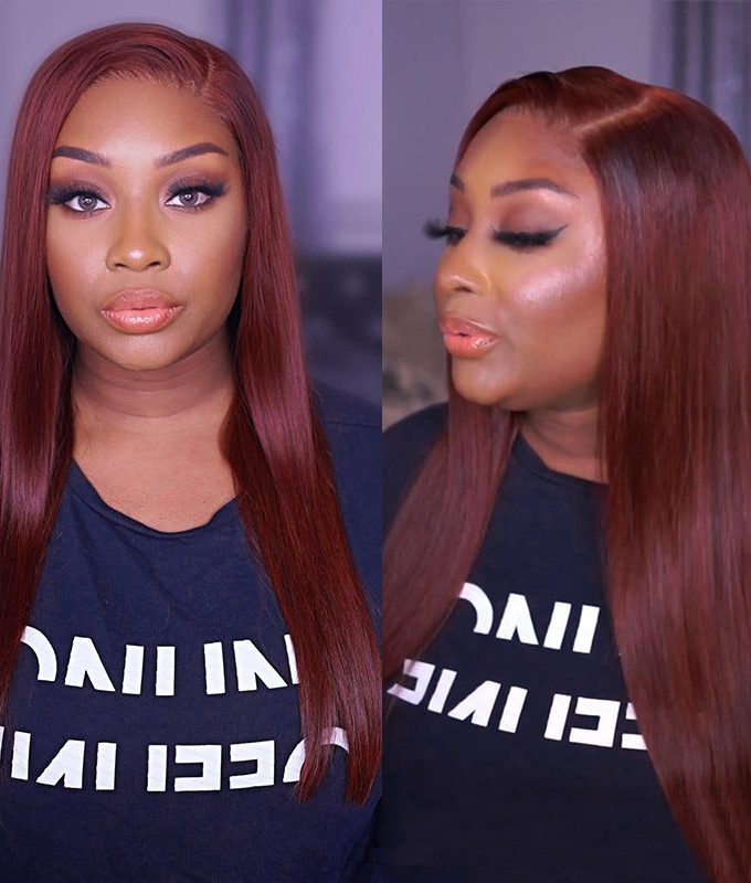 Reddish Brown Ultra Silky Straight 13x6 HD Lace Closure Wigs Mid Part Long Wig