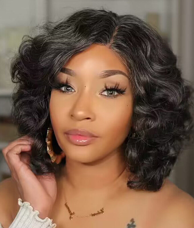 Women's Natural Full Pepper With Less Grey Hairstyle Loose Wave Bob Real Human Hair 4x4 HD Lace Wigs Side Part
