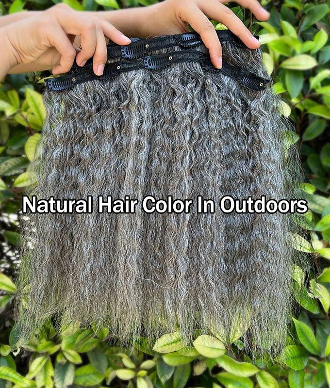 Salt & Pepper Yaki Straight Clip In Human Hair Extensions Kinky Straight Human Hair Blow Out Hair Clip Ins Hair Extensions