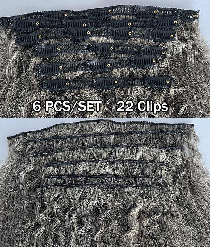 Salt & Pepper Yaki Straight Clip In Human Hair Extensions Kinky Straight Human Hair Blow Out Hair Clip Ins Hair Extensions