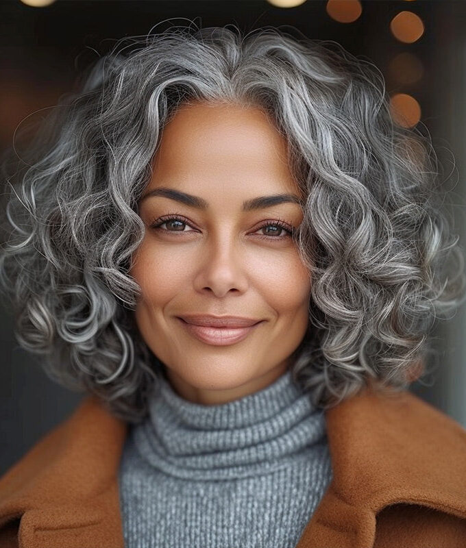 Silver Gray Big Loose Curly Bob For Seniors Salt & Pepper Human Hair Lace Wigs For Women Over 60