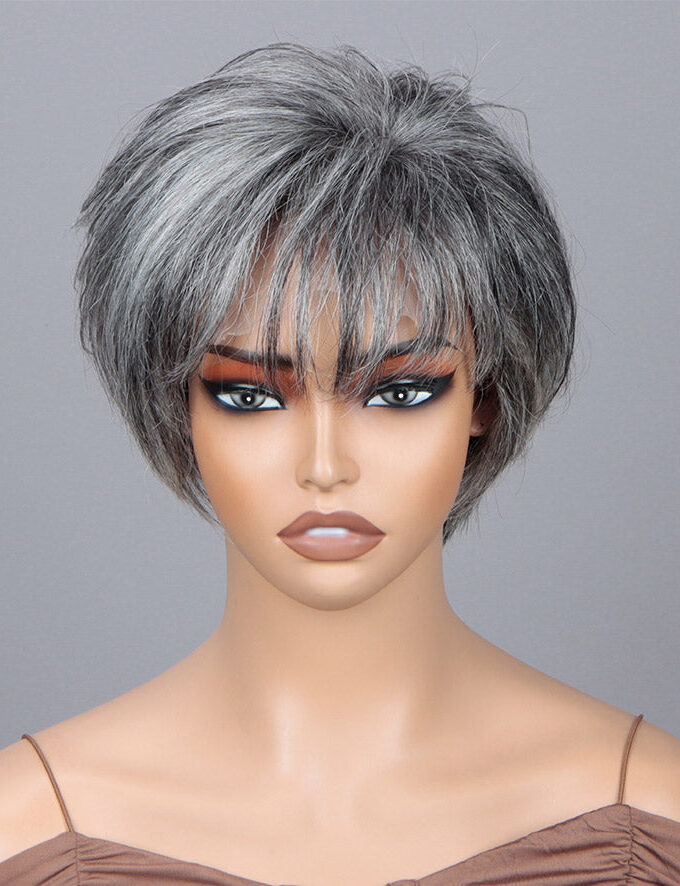 Custom Grey Pixie Haircut Wigs For Older Women Silver Short Layers With Air Bangs Standard Salt And Pepper Straight Human Hair Lace Wigs