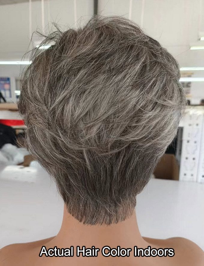 Custom Grey Pixie Haircut Wigs For Older Women Silver Short Layers With Air Bangs Standard Salt And Pepper Straight Human Hair Lace Wigs