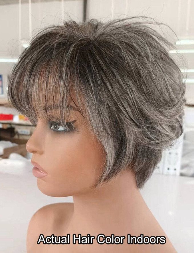 Custom Grey Pixie Haircut Wigs For Older Women Silver Short Layers With Air Bangs Standard Salt And Pepper Straight Human Hair Lace Wigs