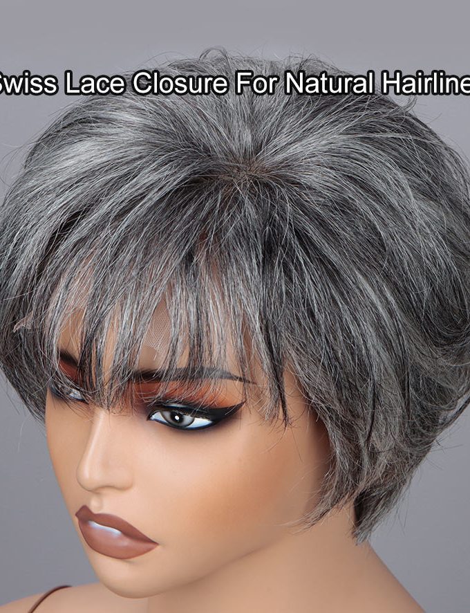 Custom Grey Pixie Haircut Wigs For Older Women Silver Short Layers With Air Bangs Standard Salt And Pepper Straight Human Hair Lace Wigs