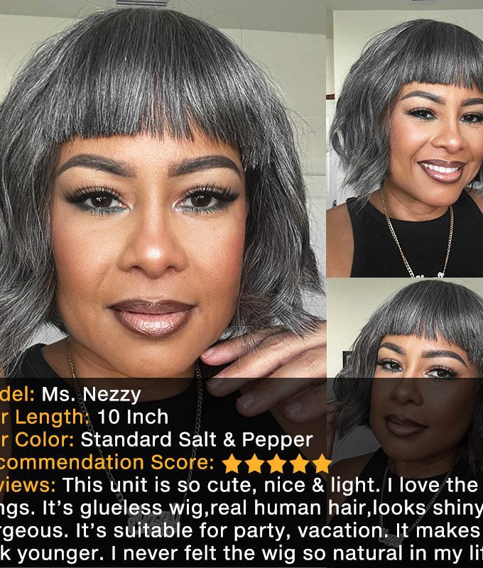 Chic Salt & Pepper Straight Bob Wig With Bangs Real Human Hair Glueless Wigs For Seniors