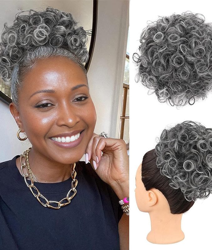 Salt And Pepper Curly Messy Buns Drawstring Ponytail Puff Clips in Human Hair Extension