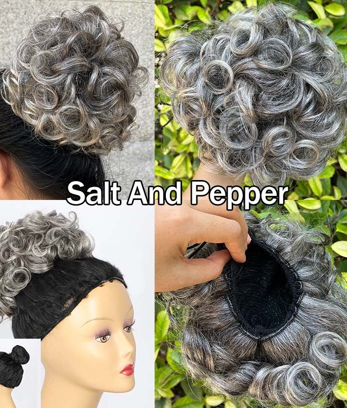 Salt And Pepper Curly Messy Buns Drawstring Ponytail Puff Clips in Human Hair Extension