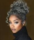 Salt And Pepper Curly Messy Buns Drawstring Ponytail Puff Clips in Human Hair Extension
