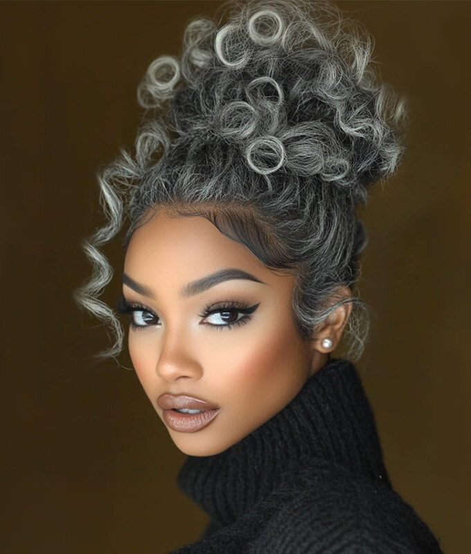 Salt And Pepper Curly Messy Buns Drawstring Ponytail Puff Clips in Human Hair Extension