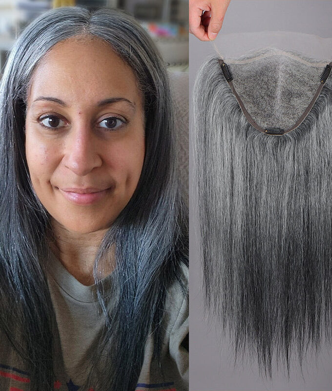 Instant Salt and Pepper Human Hair Topper 9"x6" Swiss Lace Frontal Straight Hair Crown Piece for Women