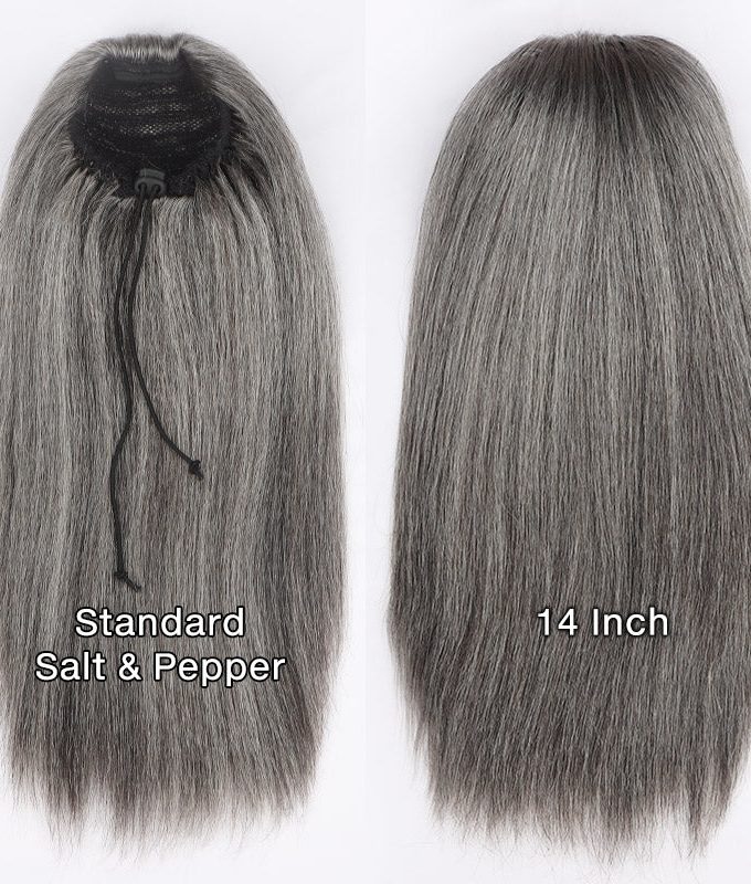Timeless Silver Gray Drawstring Ponytail Hair Salt And Pepper Straight Human Hair Extensions