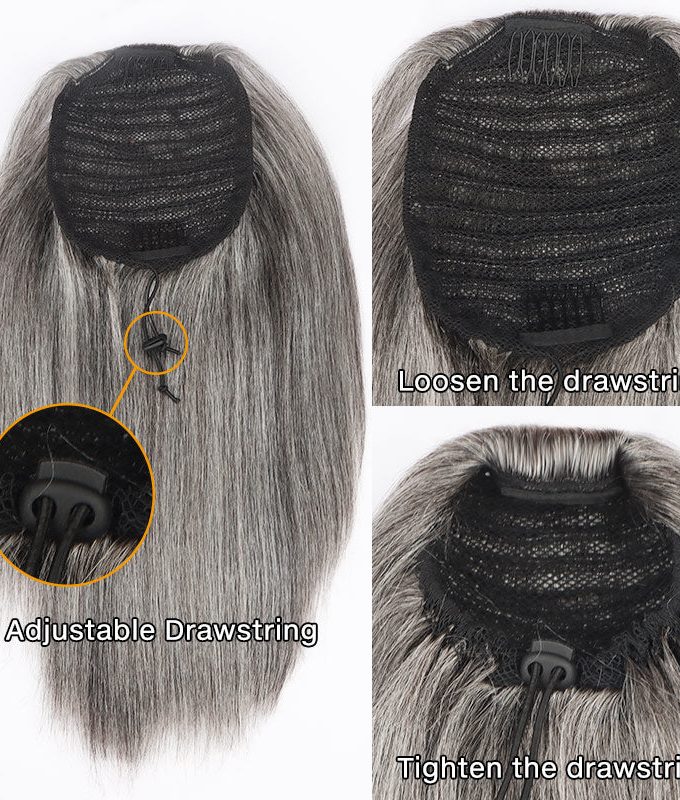 Timeless Silver Gray Drawstring Ponytail Hair Salt And Pepper Straight Human Hair Extensions