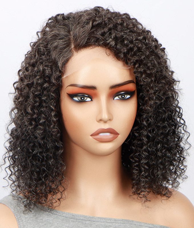 Custom Women's Elegant Hairstyle Dark Salt N Pepper Jerry Curly Human Hair With Less Gray Hair HD Lace Wigs
