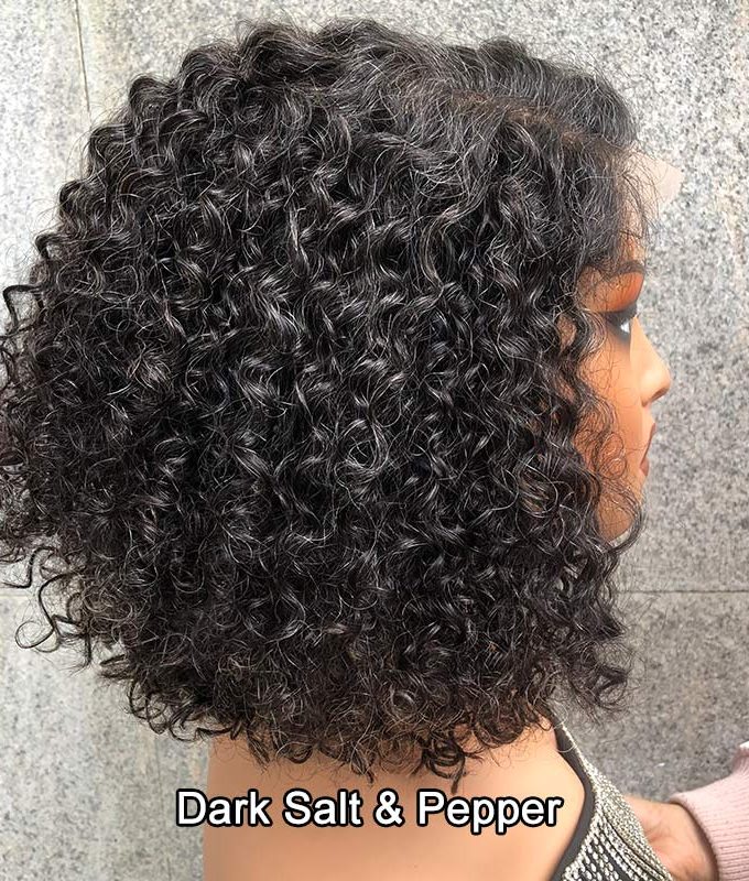 Custom Women's Elegant Hairstyle Dark Salt N Pepper Jerry Curly Human Hair With Less Gray Hair HD Lace Wigs