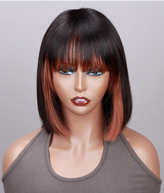 Copper Red Money Piece Highlight Straight Bob Wig With Bangs Quick Wear And Go Glueless Human Hair Wigs