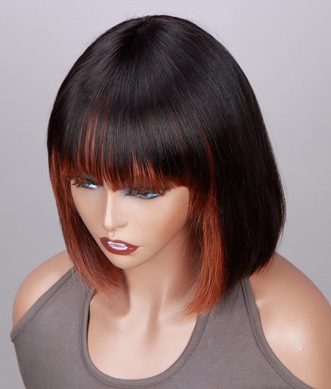 Copper Red Money Piece Highlight Straight Bob Wig With Bangs Quick Wear And Go Glueless Human Hair Wigs