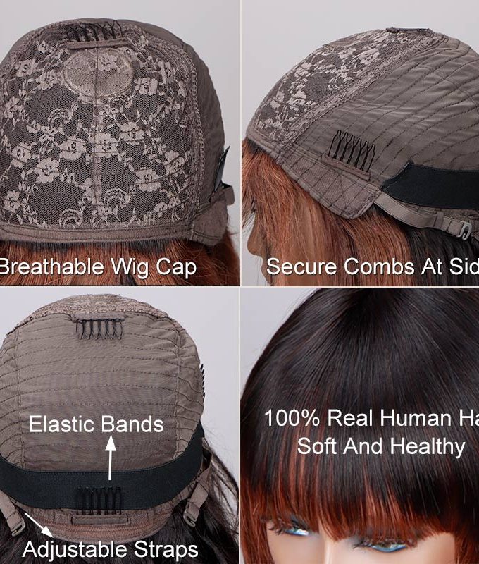 Copper Red Money Piece Highlight Straight Bob Wig With Bangs Quick Wear And Go Glueless Human Hair Wigs