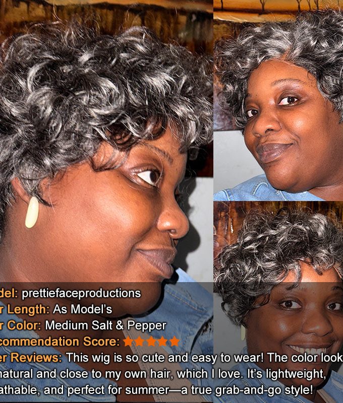 Short Pixie Haircuts Salt and Pepper Natural Wave Human Hair Glueless Throw On & Go Wigs for Mature Women