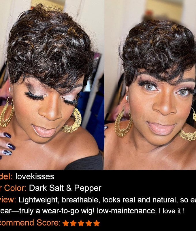 Short Pixie Wig Dark Salt & Pepper Natural Wave Human Hair Glueless Wigs For Older Women