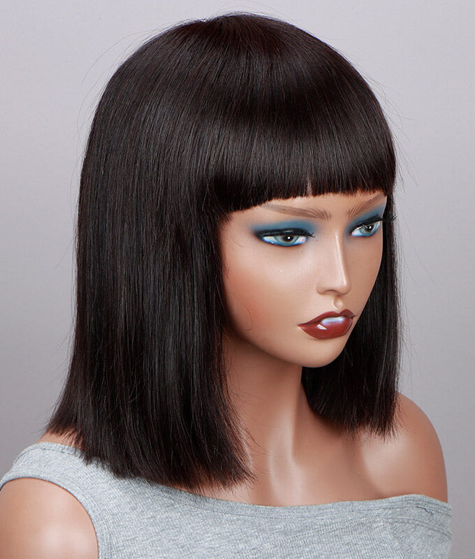 Short Straight Bob Real Human Hair Weargo Silk Top Lace Wigs With Bangs For Women