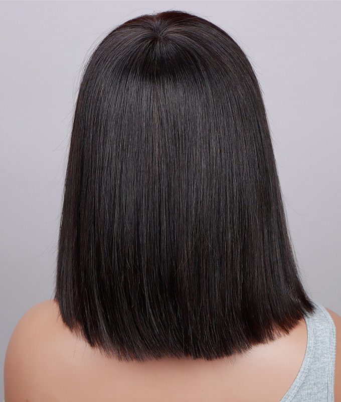 Short Straight Bob Real Human Hair Weargo Silk Top Lace Wigs With Bangs For Women