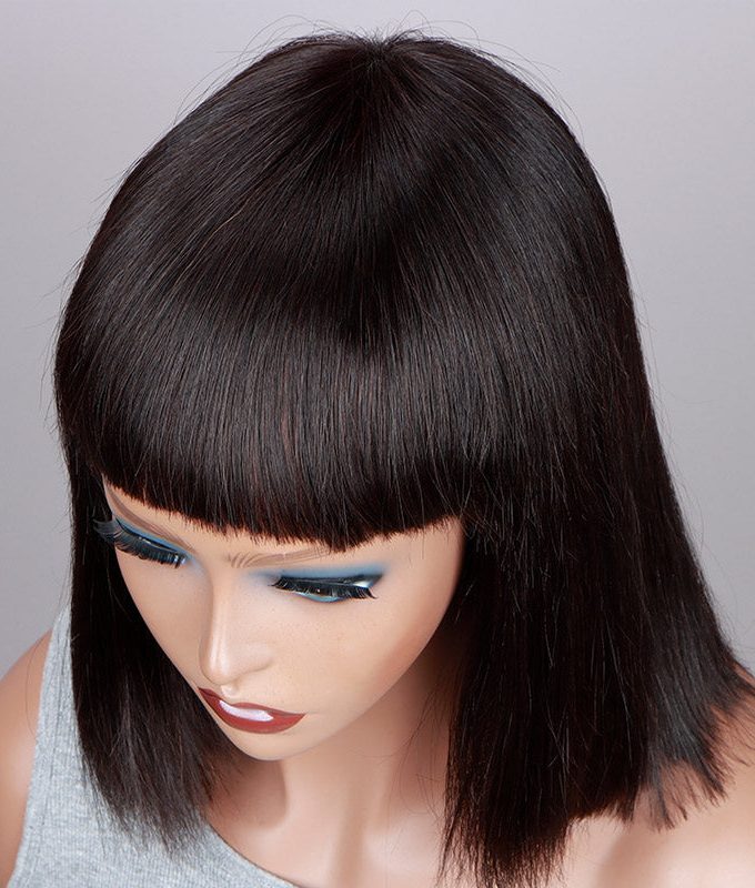 Short Straight Bob Real Human Hair Weargo Silk Top Lace Wigs With Bangs For Women