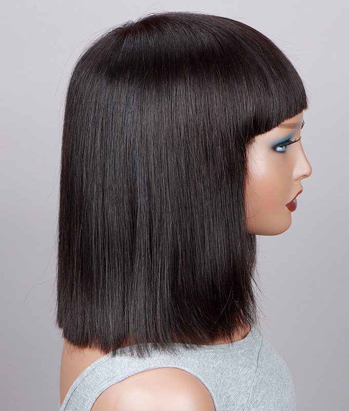 Short Straight Bob Real Human Hair Weargo Silk Top Lace Wigs With Bangs For Women