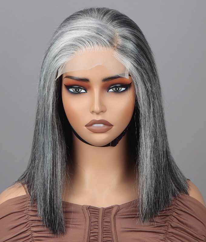 Salt And Pepper Straight Bob Wig For Seniors More Grey Real Human Hair 5x5 HD Lace Wigs For Women Over 50